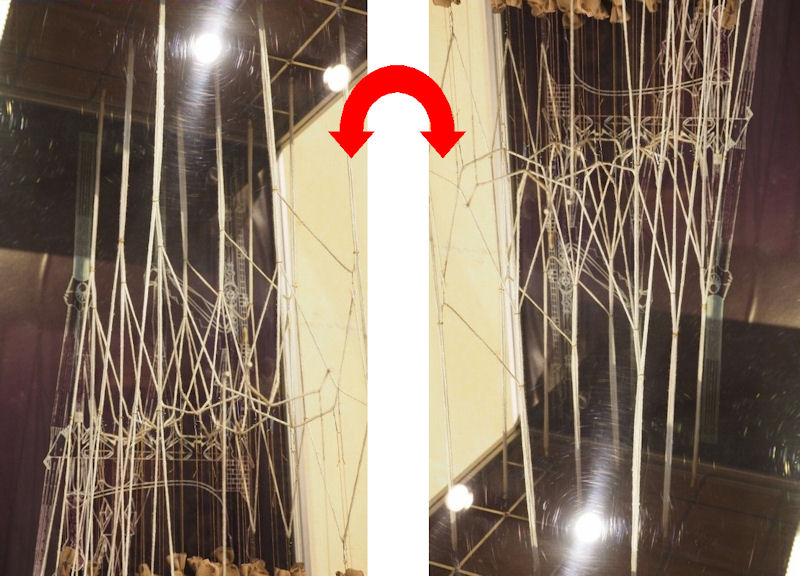 左が逆さ吊り実験の部材。右はそれを180°ひっくり返したもの。枝分かれした柱を思わせます
