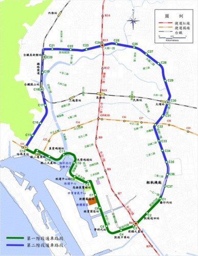 高雄で建設中のライトレール路線図。緑色の区間が第1期工事（資料：高雄市政府）