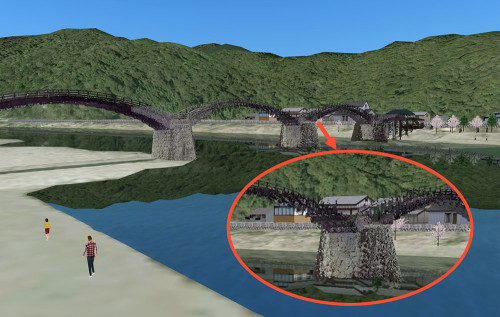 錦帯橋の3Dモデル。円内が作品を上映する橋脚（資料：フォーラムエイト）