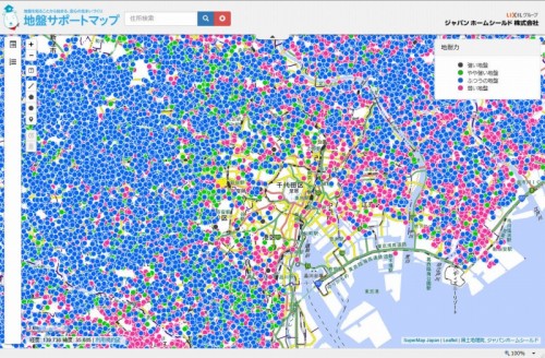 新「地盤サポートマップ」で東京都心部を見たところ。調査地点がびっしりと表示されている（以下の資料：ジャパンホームシールド）