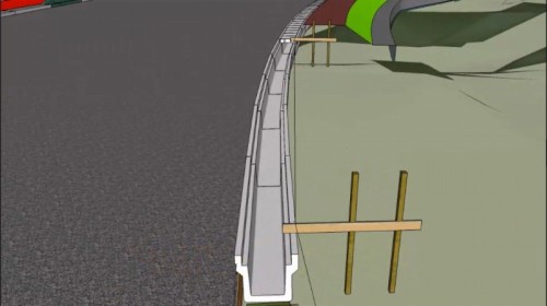 カーブした道路脇に水糸を頼りにU型側溝を設置するイメージ（以下の資料、写真：建設システム）