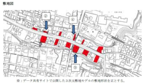 課題敷地図。12の赤枠で示した空き地のうち、5～12個を選んで建物や施設を設計する。2、4、9の敷地は必須（資料：IAI日本）