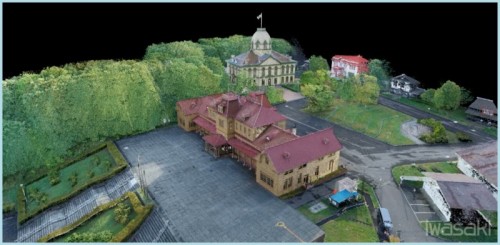ドローンと3Dレーザースキャナーによる計測で作られた「開拓の村」の3Dモデル(以下の資料、写真：岩崎)