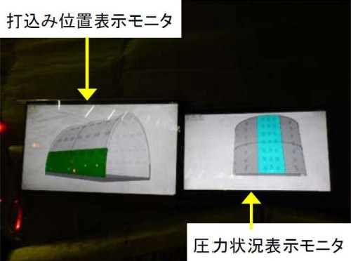 モニターに3D表示された生コンの充てん状況（左）と圧力（右）