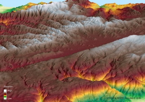 サンドレアス断層の3D地図を標高別に色分けしたもの