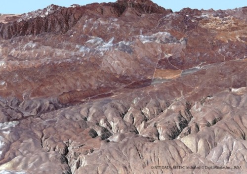 米国・サンアンドレアス断層の3D地図にオルソ画像を張り付けたもの（以下の資料：NTTデータ、リモートセンシングセンター）