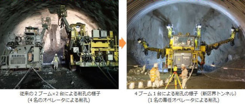 従来の掘削機（左）と新型機の（右）による作業の違い