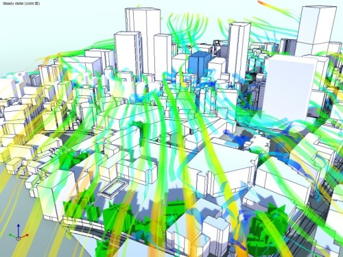 CFDソフト「FlowDesigner」で都市内を流れる風の動きを解析し、見える化した例（以下の資料：日建設計、アドバンスドナレッジ研究所）