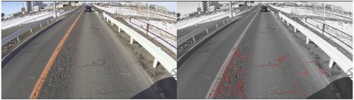 画像診断により舗装のひび割れを解析する技術。左写真の赤線部分がひび割れ
