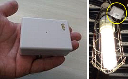 現場内で位置情報を伝える「iBeacon」（左）と照明灯への設置例（右）（以下の資料：竹中工務店）