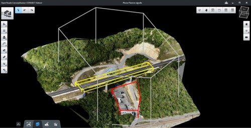 ContextCaptureで作成した道路の3Dモデル。グレーの線が工事現場、黄色が施工中の構造物、赤が立ち入り禁止エリアを示す（資料：みるくる）