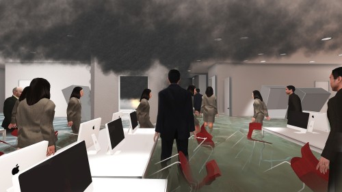 地震、火災、津波の災害に見舞われたオフィスをVRで再現する「maXim」（以下の資料：竹中工務店）