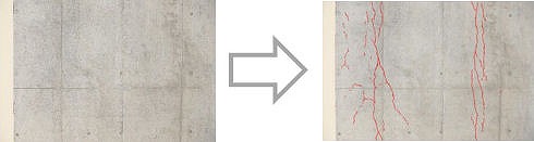 コンクリート表面の写真（左）をスマホなどで撮って送ると、ひび割れを自動検出した画像（右・赤線部）を送り返してくれる（以下の写真、資料：産業技術総合研究所）