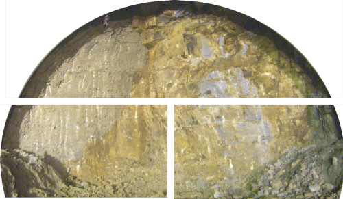 山岳トンネルの切り羽写真。これまでは上方、左右に3分割した領域ごとに、専門家が岩盤を評価していた（以下の写真、資料：大林組）