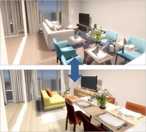 家具や床材のデザインを変えてシミュレーションした例