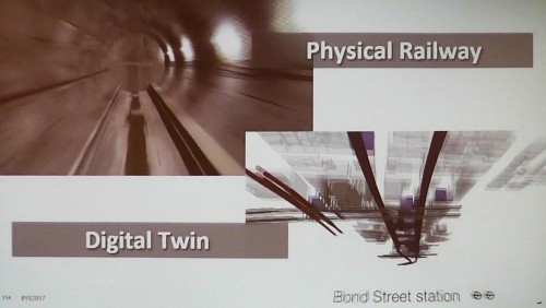 鉄道の維持管理の例。実物を再現した3Dモデルを使って管理する。「デジタルツイン（Digital Twin）」という言葉を使っているところが、「IoT（モノのインターネット）」的なアプローチを思わせる