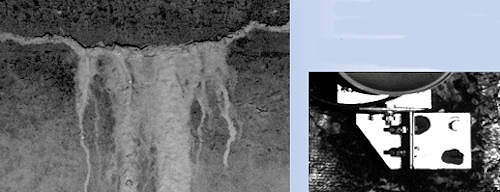 写真からトンネル内の漏水箇所（左）やボルトの締め付け状態（右）をチェックできる