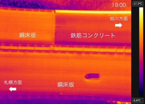 2017年10月25日の19時に地上54mから撮影した赤外線映像。鋼床版部分は鉄筋コンクリート部分よりも温まっている