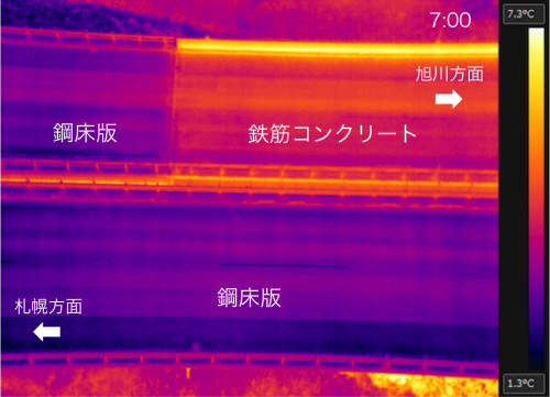 同26日の7時に撮影した赤外線映像。鋼床版部分は鉄筋コンクリート部分より冷えていることがわかる