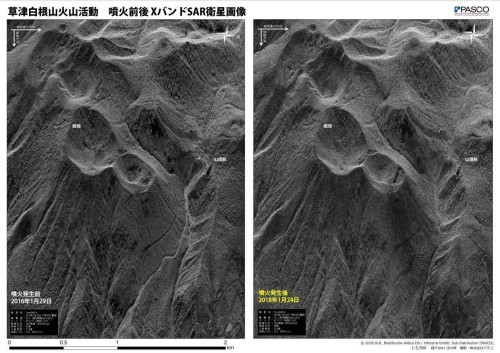 合成開口レーダー（SAR）衛星による撮影画像。左は噴火2年前の2016年1月29日、右は噴火翌日の2018年1月24日に撮影（以下の資料：パスコ）