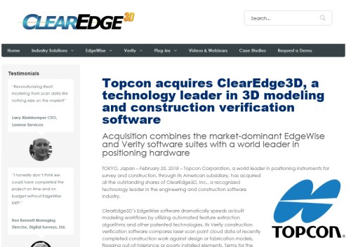 クリア・エッジ3D社のウェブサイト。トプコンに買収されたことを歓迎する記事が掲載されていた（資料：ClearEdge3D）