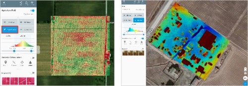 「DroneDeploy」クラウドで植生指標データ(左)や標高計算(右)を行った例