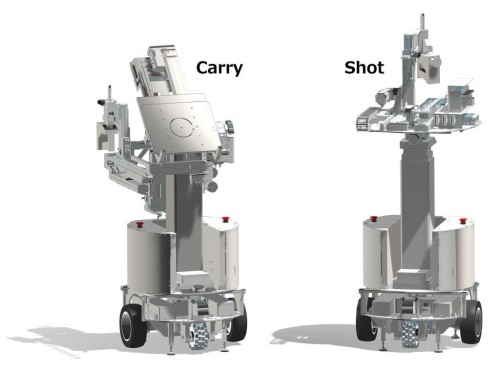石膏ボードを天井に取り付ける2台のロボット。運搬・持ち上げロボット「Carry」（左）と、ビス固定ロボット「Shot」（右）（写真：テムザック）