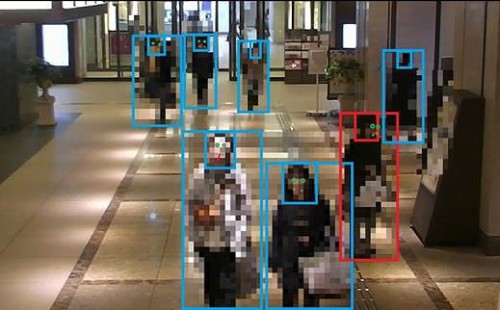 カメラ映像のAI解析により「困っている人」を検知する実証実験。青枠は人、赤枠は困っていると思われる人を検知した例（2018年1月22日～31日実施