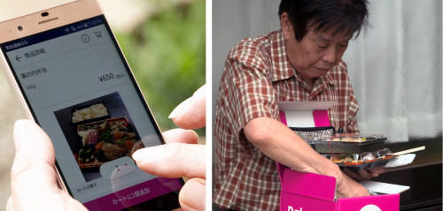 弁当をスマートフォンで注文（左）し、ドローンで配達された弁当を受け取る（右）ことに成功（以下の写真、資料：東京電力ベンチャーズ、ゼンリン、楽天）