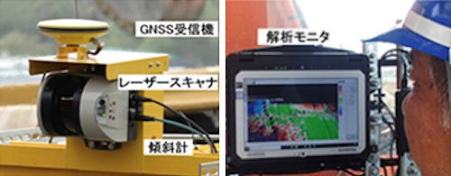 運転席上に搭載されたレーザースキャナーなどのセンサー（左）。オペレーターは施工中に仕上がり精度を確認できる（右）