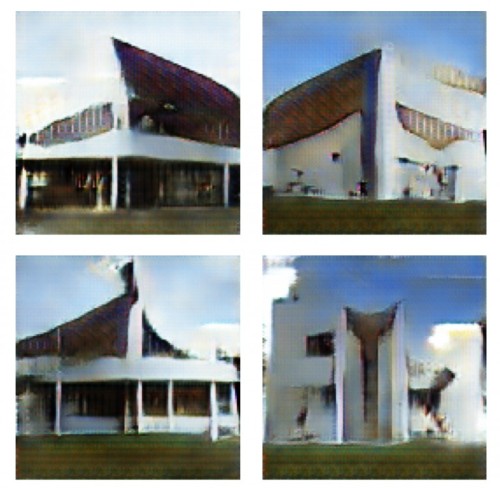 コルビジェネレーターによって、「サボォア邸」と「ロンシャンの礼拝堂」のテイストをミックスして自動作成した建物デザインの例（以下の資料：立命館大学理工学部建築都市デザイン学科の建築情報研究室）