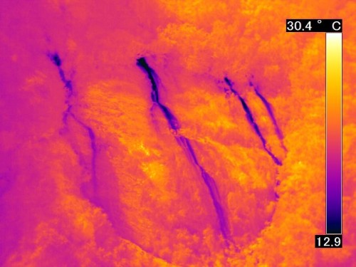 同じ岩盤を赤外線カメラの映像で見ると、斜面から山水がしみ出している場所は周囲より温度が低いので一発で発見できる