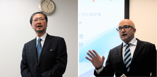 パートナーシップの延長を発表した日本設計代表取締役 社長執行役員の千鳥義典氏（左）とオートデスクのシニアディレクター、ルー・グレスパン氏（右）（以下の写真：家入龍太）