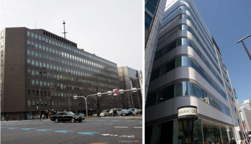 竹中工務店大阪本社ビル（左）とグラフィソフトジャパンが入居する東京・赤坂のビル（右）