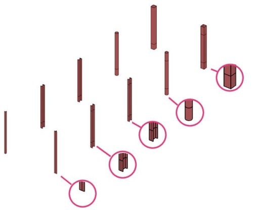 属性情報が共通化された梁（上）と柱（下）のファミリ。端部の形状や継ぎ手の数などによって数種類のファミリを用意した