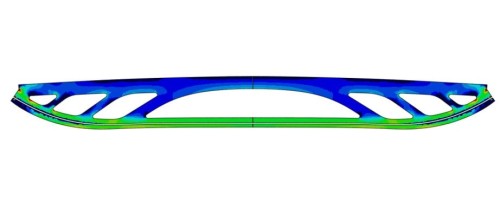 構造的に最適化された橋の形状。橋桁にプレストレスを加える断面（緑色の部分）が空中に飛び出している（以下の資料、写真：Ghent University）