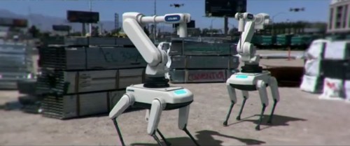 四つ足歩行ロボットに3Dプリンターを搭載したマシンのイメージ