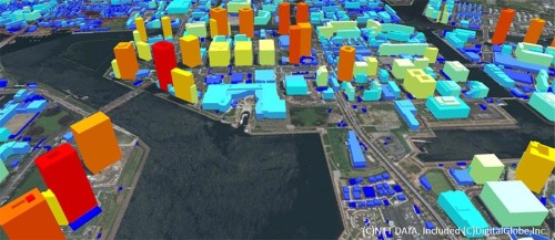 50cmメッシュのデジタル3D地図「AW3D日本全国高精細3D地図」で提供される建物3Dデータ。建物1棟ずつの形と高さがデジタル化されている（資料：NTTデータ）