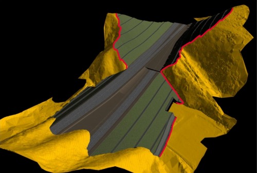 3Dレーザースキャナーで計測した点群データをもとに作成した地形モデルに、切り土や盛り土などを組み合わせたCIMモデル。地山との境界が詳細かつ正確に把握できる