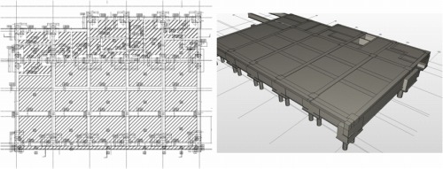 「J-BIM施工図CAD」で作成した施工用の図面（左）とモデル（右）