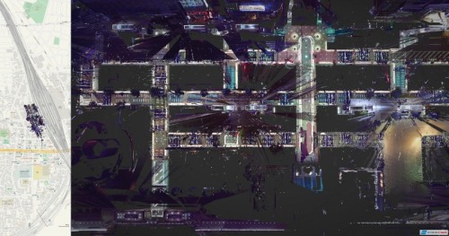 エスカ地下街の点群を地中深くから見上げたシーン。地中の構造物をこうした見せ方ができるのも、点群ならでは