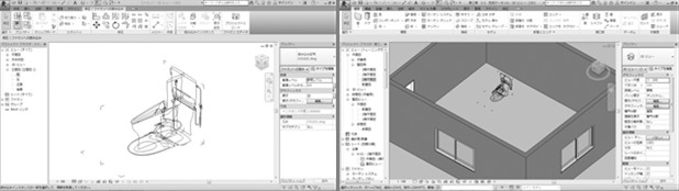 2Dの三面図から作った便器の簡易BIMモデル（左）とBIMモデル内に配置したところ（右）。図面を効率的に描くためにはこうした工夫も重要だ