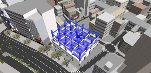 リアルな3D都市モデルデータ上でBIMによる施工シミュレーションを行った例
