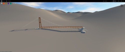 数十mメッシュの地形データ上に橋の3Dモデルを配置した例。地形が粗すぎて景観の検討には使えない