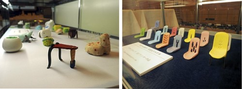 成安造形大学の学生が琵琶湖の微生物をモチーフにデザインした椅子の模型（左）。安田女子大学の学生がVectorworksの特別授業で作った椅子の模型（右）