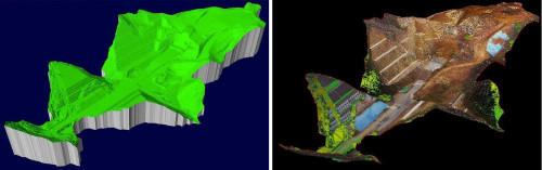 切り土現場を3Dスキャナーで計測した結果を3Dモデル化したもの（左）。さらに現場の写真を張り付けたもの（右）