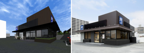 テナントの大戸屋からの依頼で作成した外装デザインのCGパース（左）と完成後の店舗写真（右）