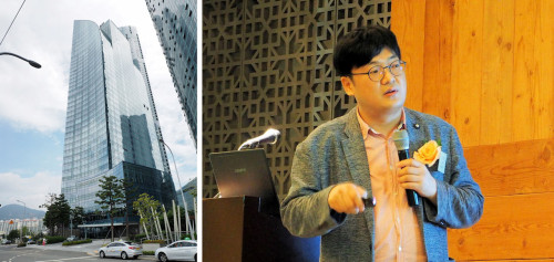 2017年6月30日、「EXODUS SMARTFIRE国際防災セミナー」が開催された釜山のパーク・ハイアットホテル（左）と講演するジュンホ・チョイ氏（右）