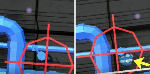 斜めに見えていた吊りボルトとスリーブ（左）を真上から見られる位置に移動したところ（右）。その位置は、従来方式の墨出しであらかじめマークされていた位置（黄色の矢印）とほぼ同じだった