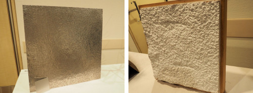 鎚起によってたたき出したアルミ板（左）。洋服の質感をモチーフにデザインした吹きつけ断熱材による内装（右）
